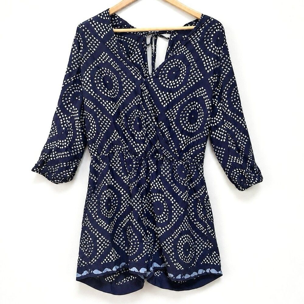 Sanctuary Navy Printed Romper Women’s Small Faux Wrap‎ Boho 3/4 Sleeve